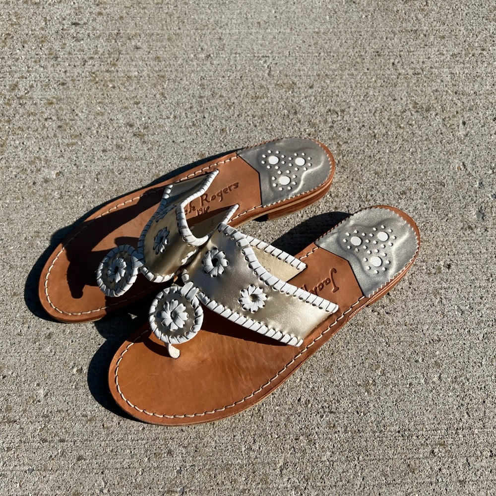 Jack Rogers Metallic Silver and Tan Sandals